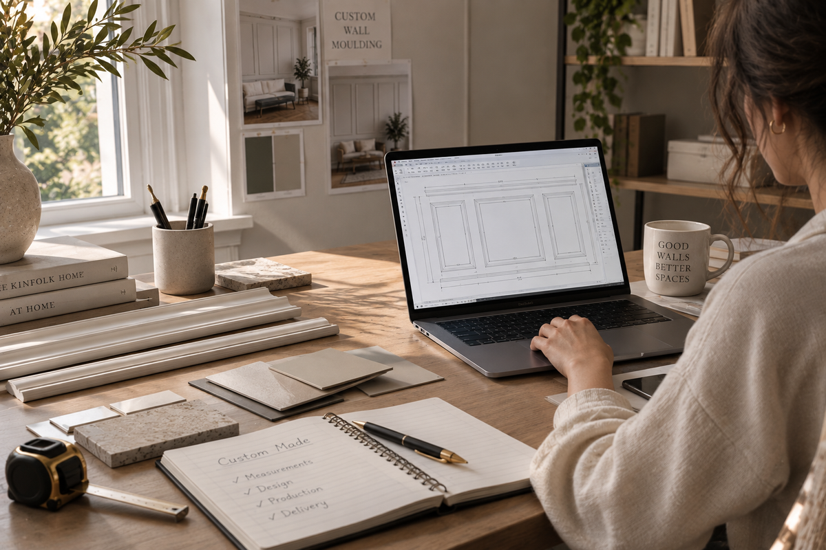 Woman designing a custom wall molding layout on a laptop in a bright interior design studio, surrounded by molding samples, material swatches, and measuring tools.