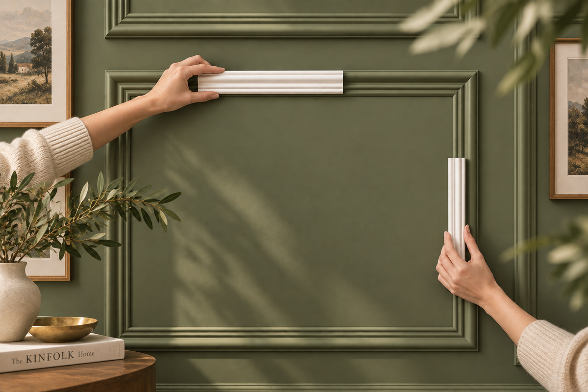 Decorative white wall molding trim held against an elegant olive green paneled wall with classic picture frame molding and soft natural light.