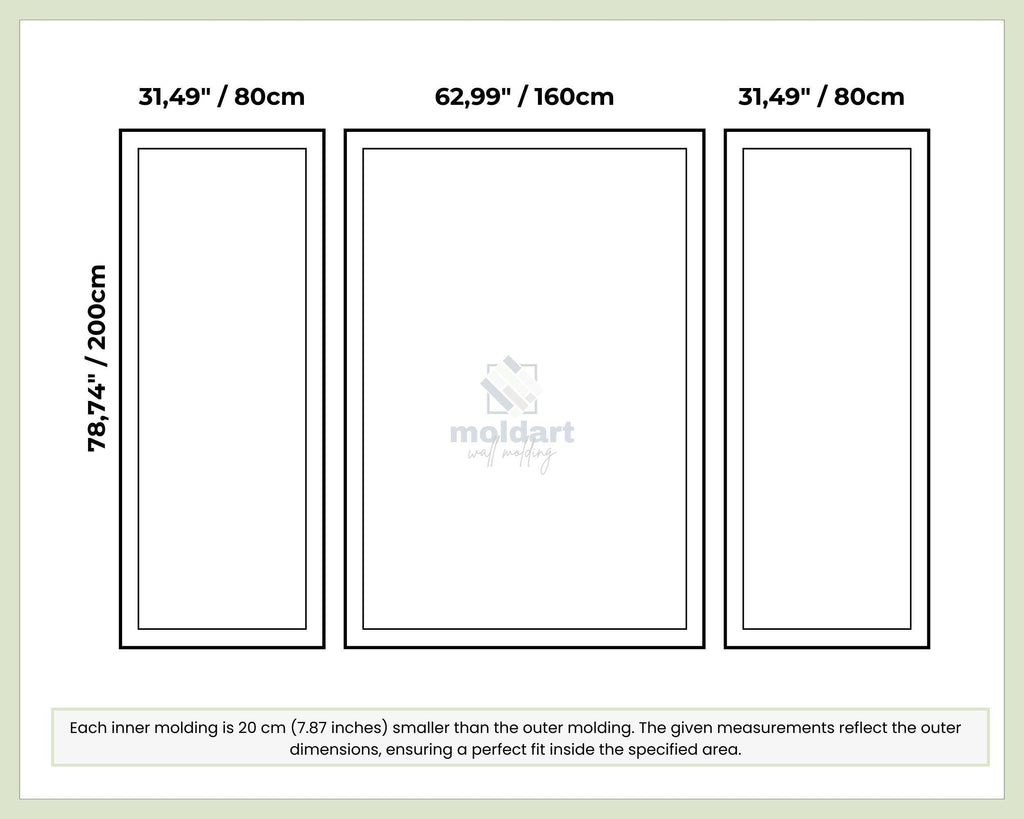 wall molding kit measurements diagram showing panel dimensions for picture frame wall molding accent wall layout