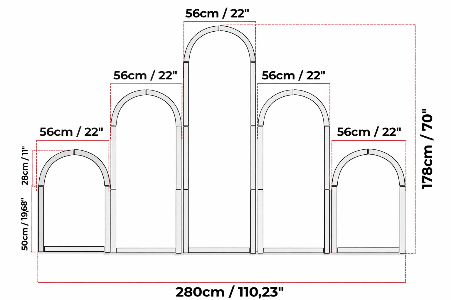 Dimensions of a decorative archway with measurements in centimeters and inches.