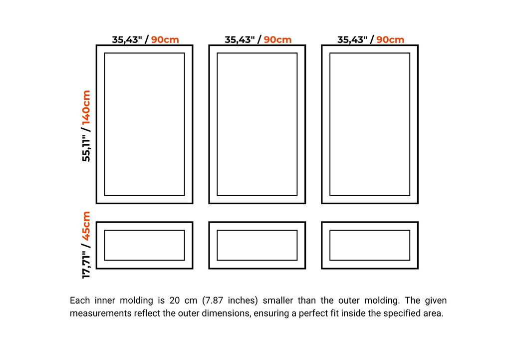 A measurement diagram showing six rectangular inner molding templates arranged in a 3-by-2 grid, with outer dimensions labeled in inches and centimeters. Text below explains that each inner molding is 20 cm smaller than the outer molding.