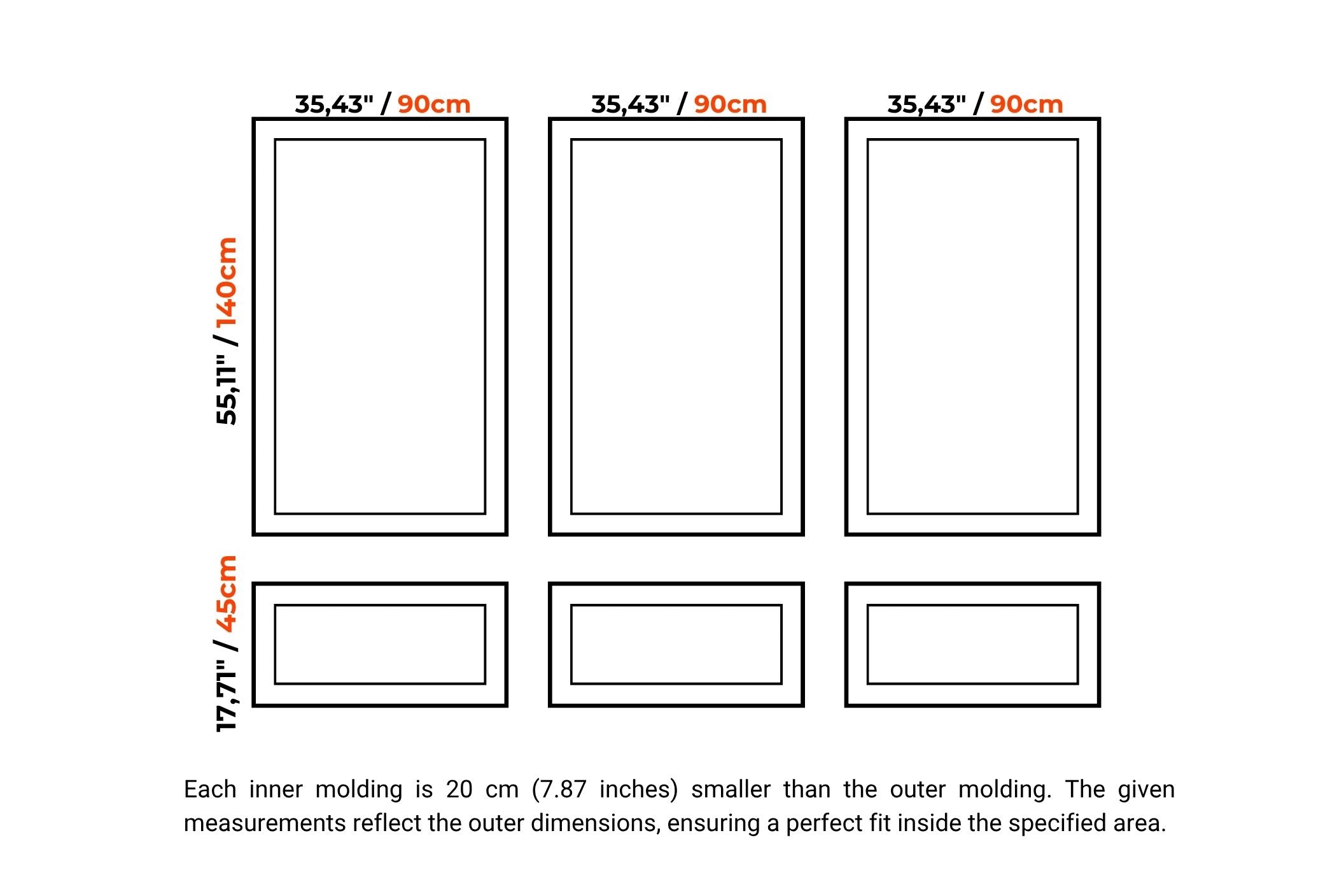 A measurement diagram showing six rectangular inner molding templates arranged in a 3-by-2 grid, with outer dimensions labeled in inches and centimeters. Text below explains that each inner molding is 20 cm smaller than the outer molding.