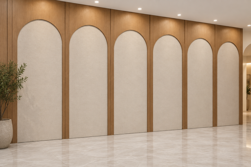A modern interior wall design featuring seven vertical arch-shaped panels in a light beige textured material, framed by warm medium-brown wood trim, set in a bright lobby with a polished marble floor and a potted plant on the left.