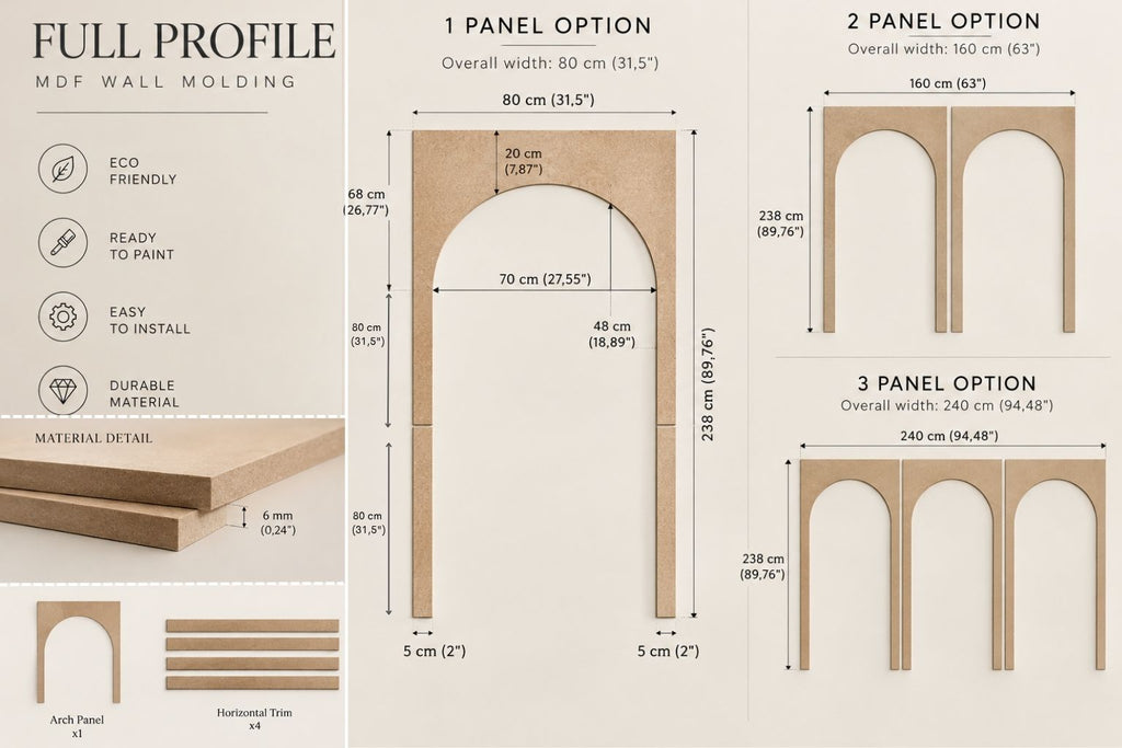 A product specification and measurement chart for MDF wall molding arch panels, showing full profile options for 1, 2, and 3 panel configurations with dimensions, material details, and installation icons on a beige background.