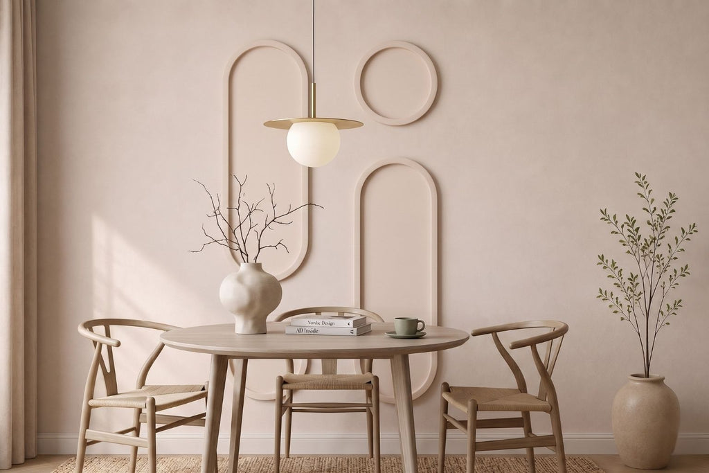 Option 2 layout of the oval picture frame trim kit featured on a light cream wall in a Scandinavian dining room showcasing curved MDF wall paneling design with a round table and chairs against a beige wall.