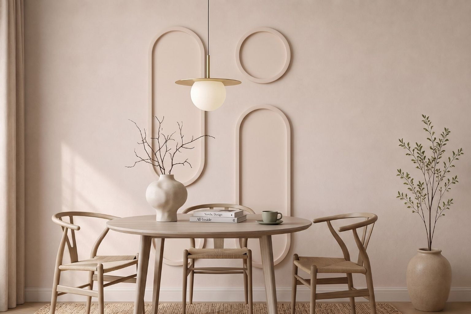 Option 2 layout of the oval picture frame trim kit featured on a light cream wall in a Scandinavian dining room showcasing curved MDF wall paneling design with a round table and chairs against a beige wall.