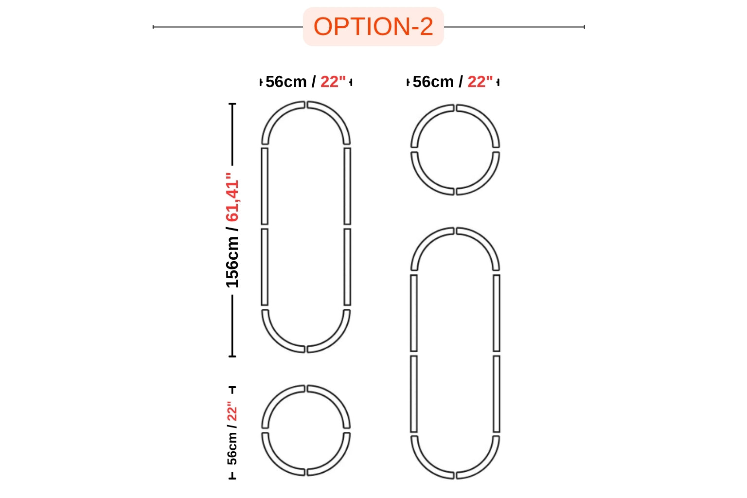 Technical measurement diagram of Option 2 wall molding kit showing dimensions in both centimeters and inches for the vertical oval arches and circular frames, 56cm by 156cm.