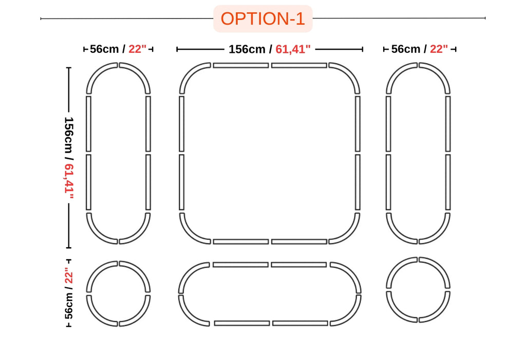 Technical layout diagram of Option 1 arched wall molding kit showing precise spacing, configuration, and structural design of the pre-cut MDF frames.