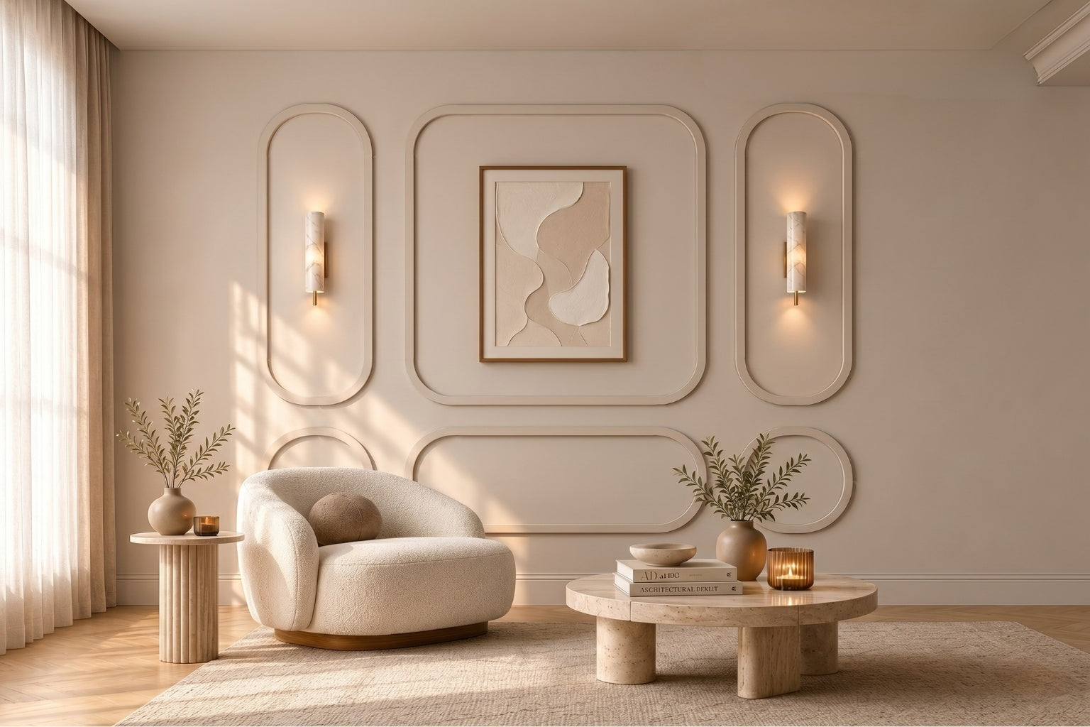 Option 1 layout of the arched wall molding kit installed on a light green accent wall in a modern living room with a beige armchair, coffee table, and decorative elements.
