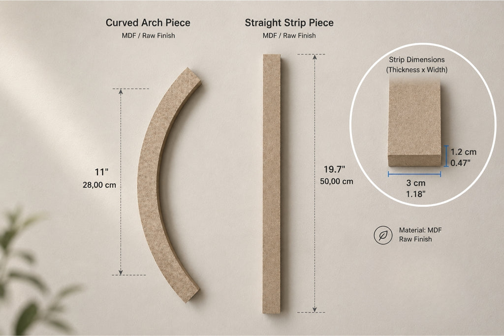Raw MDF arch wall molding kit featuring one curved arch trim piece and one straight molding strip. 
