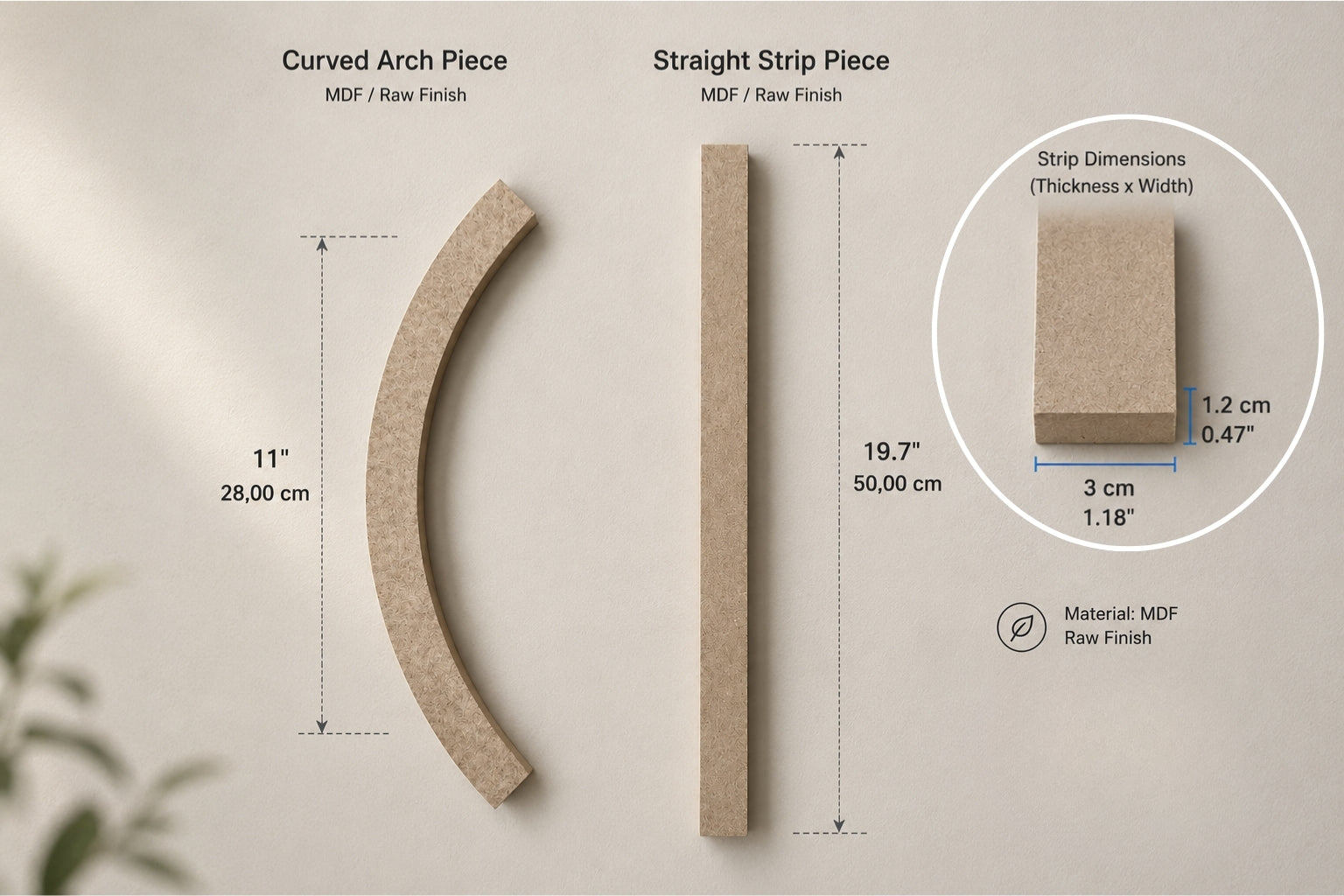 Raw MDF arch wall molding kit featuring one curved arch trim piece and one straight molding strip. 