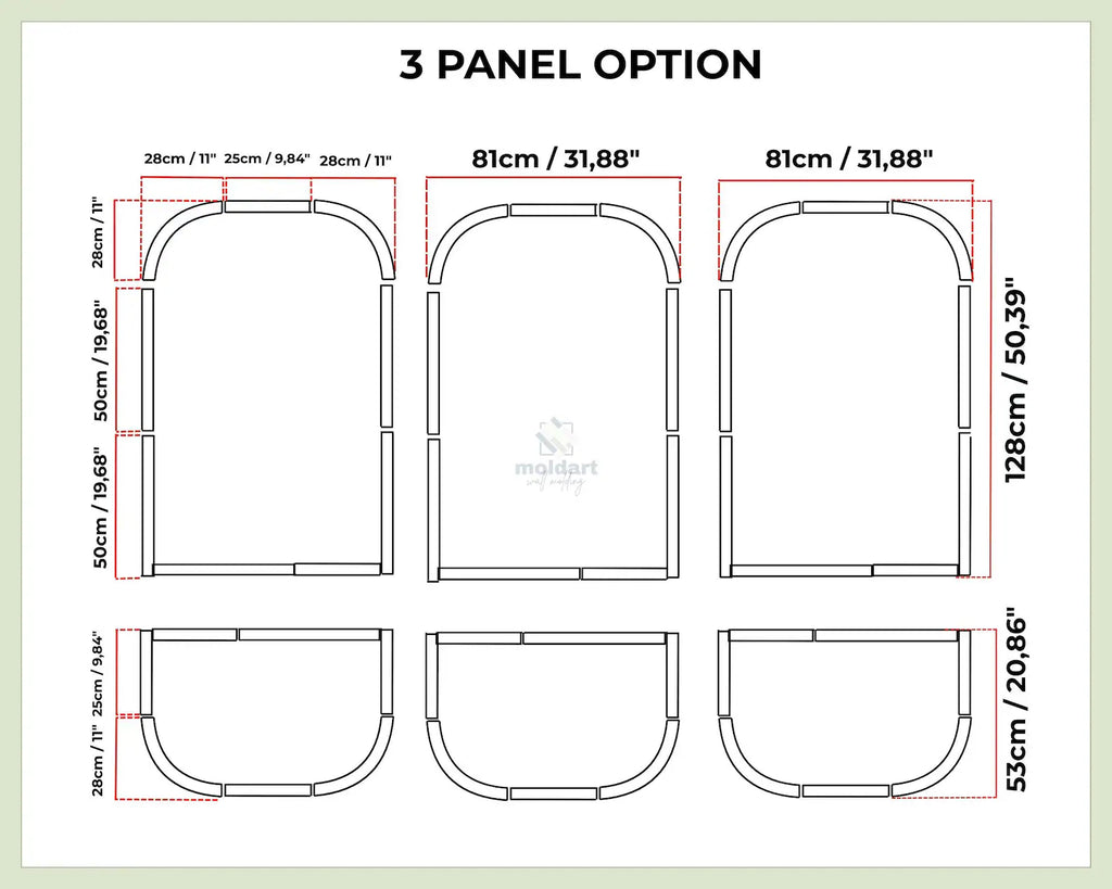 DIY MDF arch wall trim kit diagram of a 3-panel option with dimensions and Moldart logo on a light green background