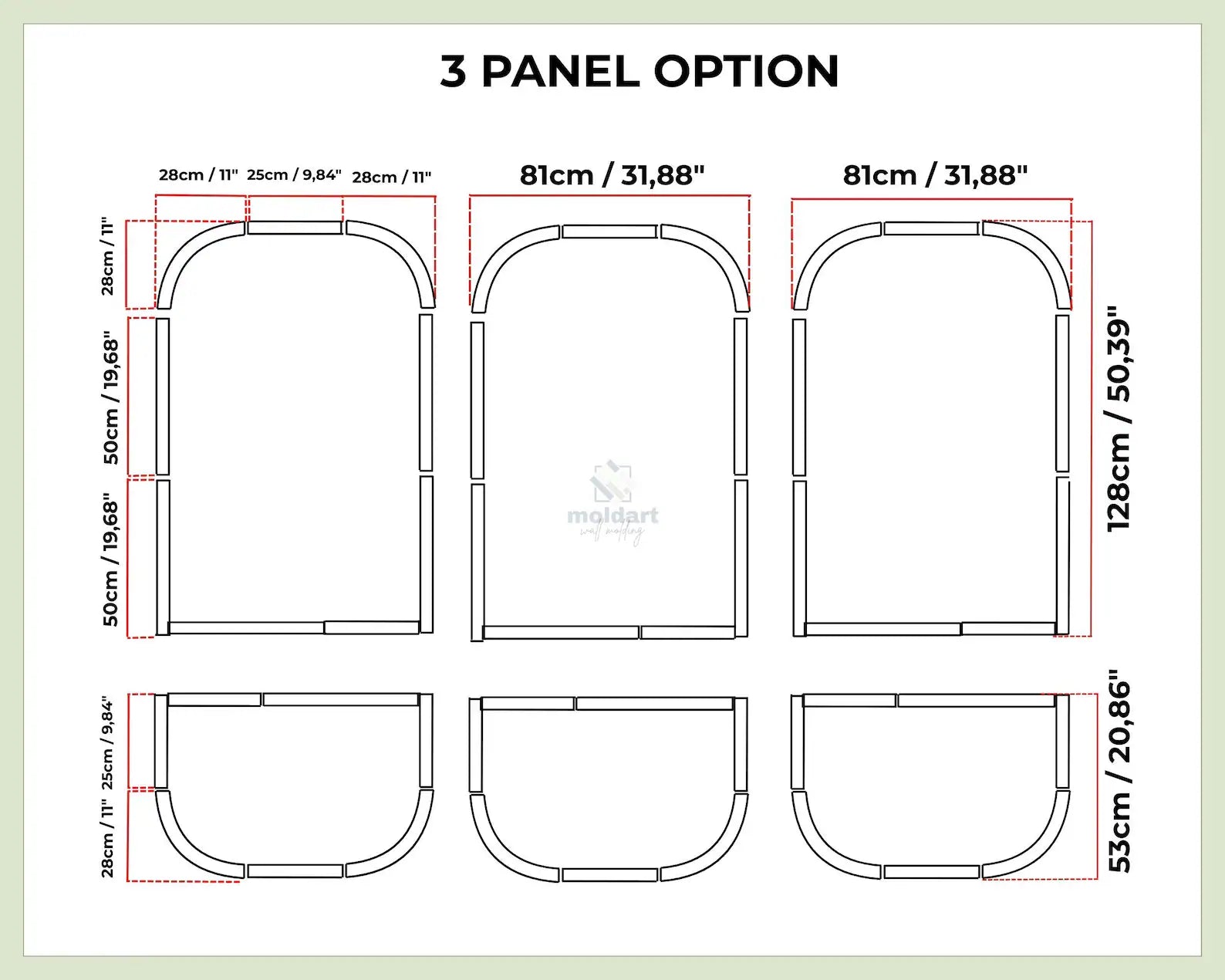 DIY MDF arch wall trim kit diagram of a 3-panel option with dimensions and Moldart logo on a light green background
