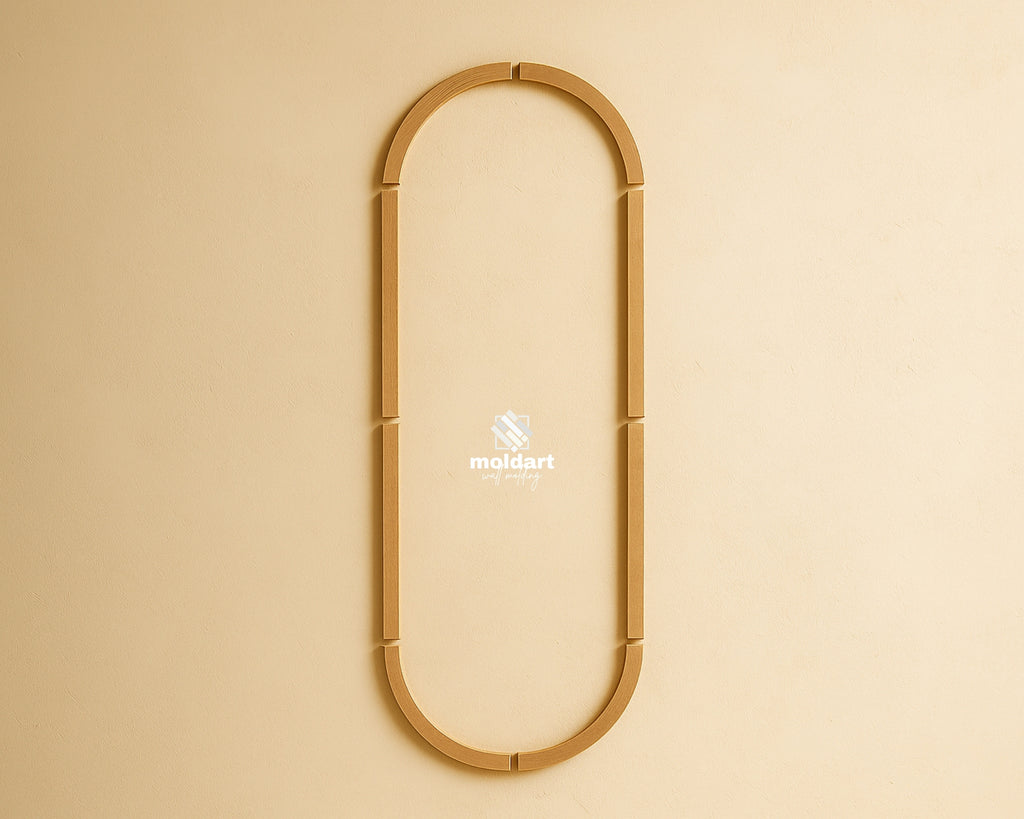 DIY MDF wall molding kit layout with trim pieces arranged to display final arch wall panel design