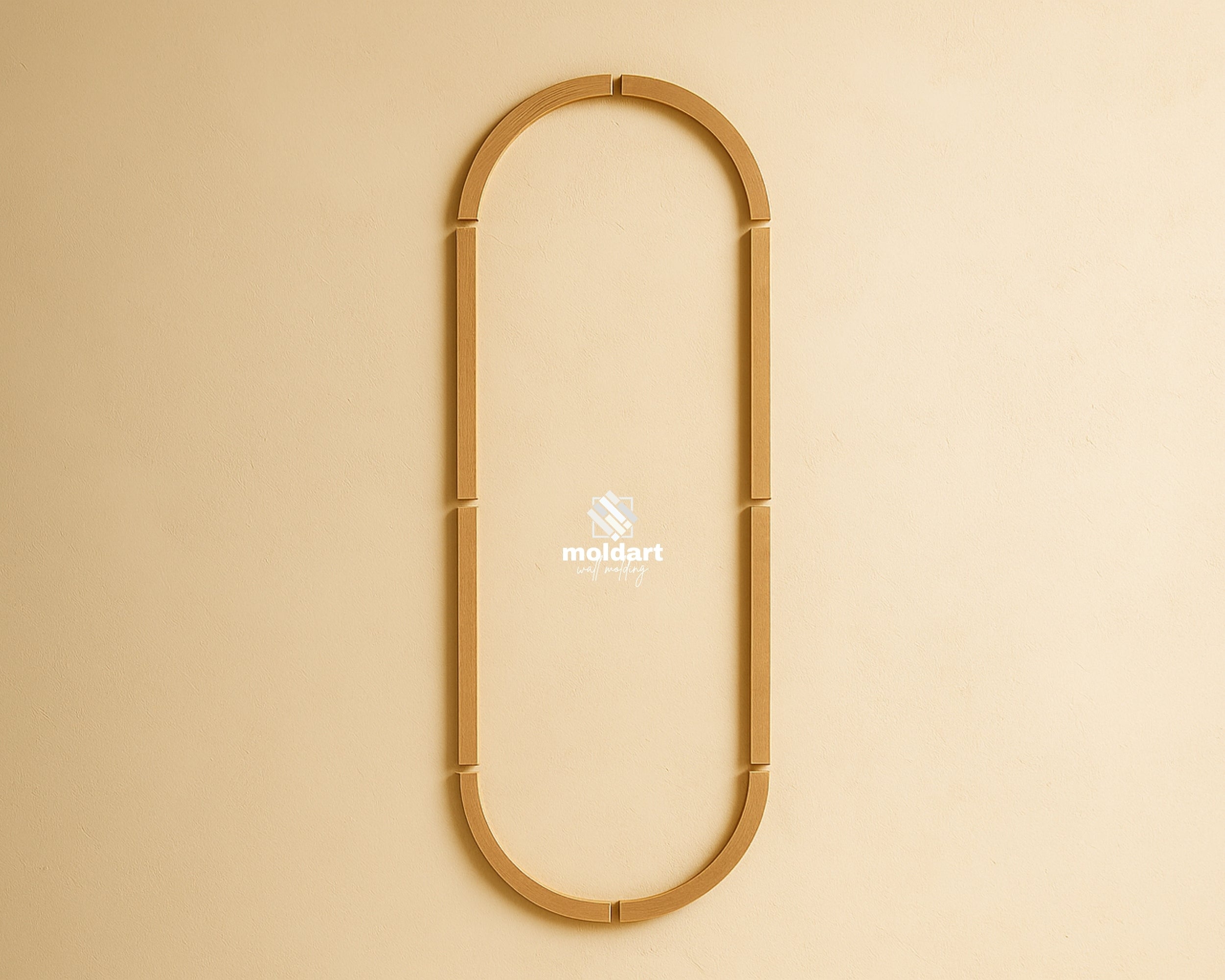 DIY MDF wall molding kit layout with trim pieces arranged to display final arch wall panel design