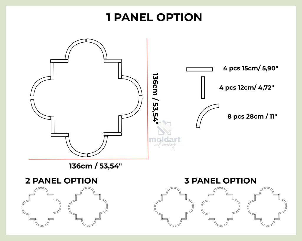 Design diagram for decorative panels with measurements and options.