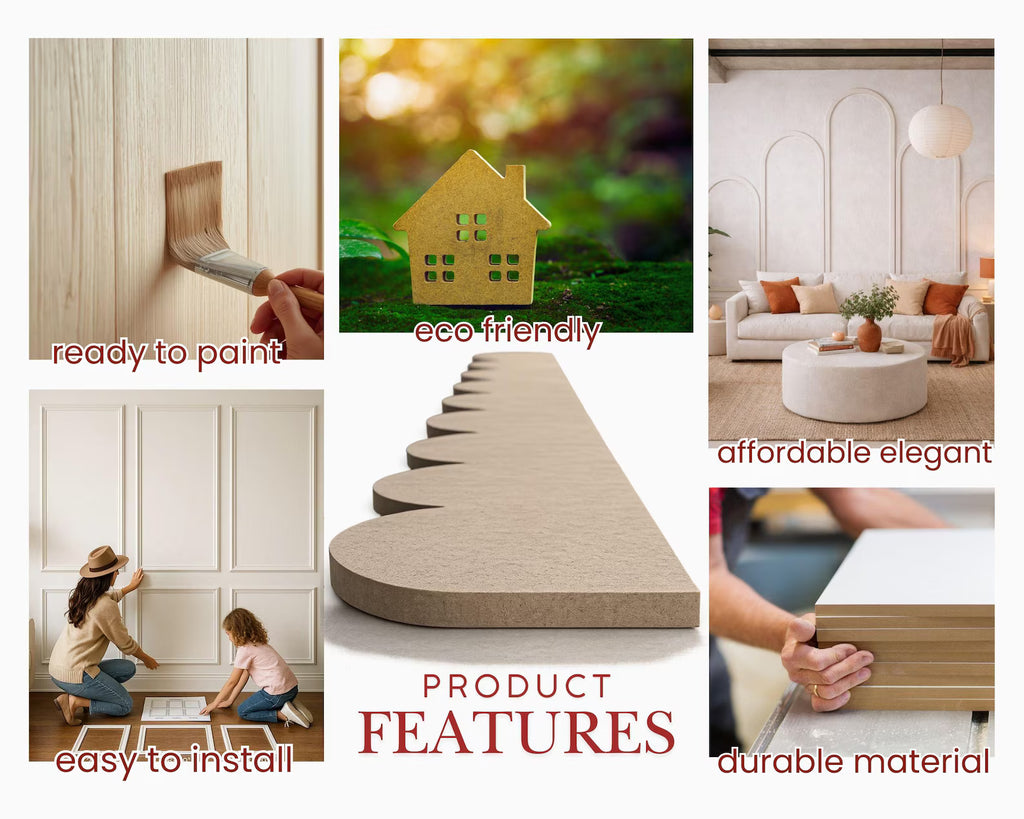 Collage of scallop and wave MDF panel product features with text labels on a white background
