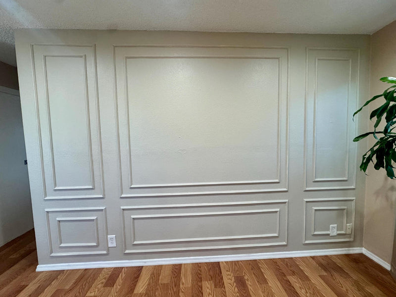 DIY wall molding kit installed in real home showing decorative wall panel result-Wall with decorative paneling and a plant on the right side.