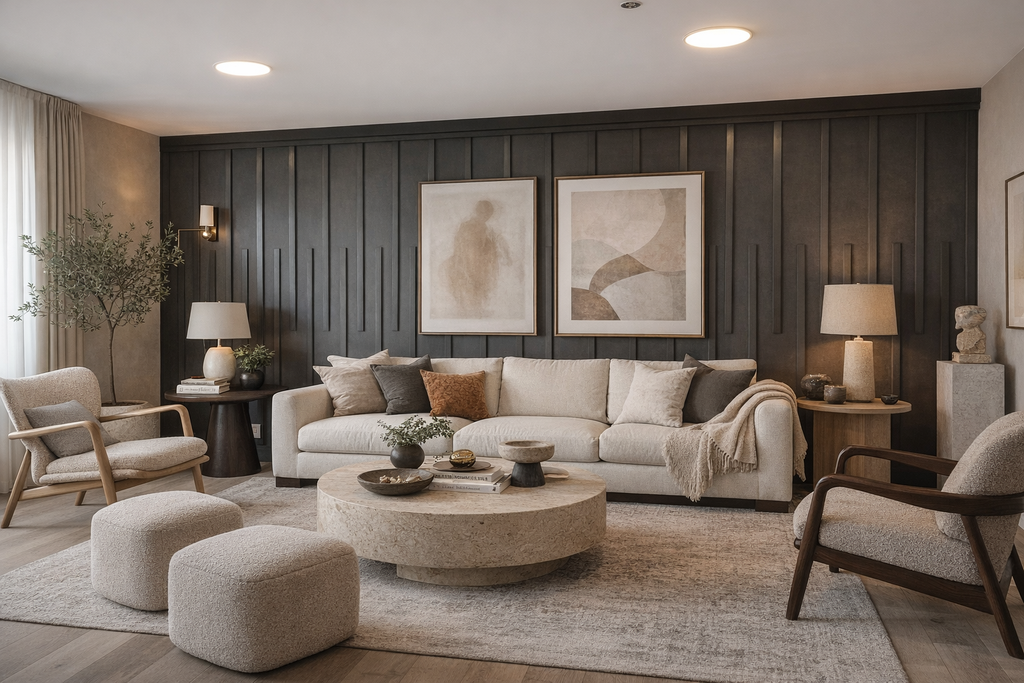DIY wall panel molding kit creating elegant interior wall design- modern living room with a beige sectional sofa, round coffee table, and wooden walls.