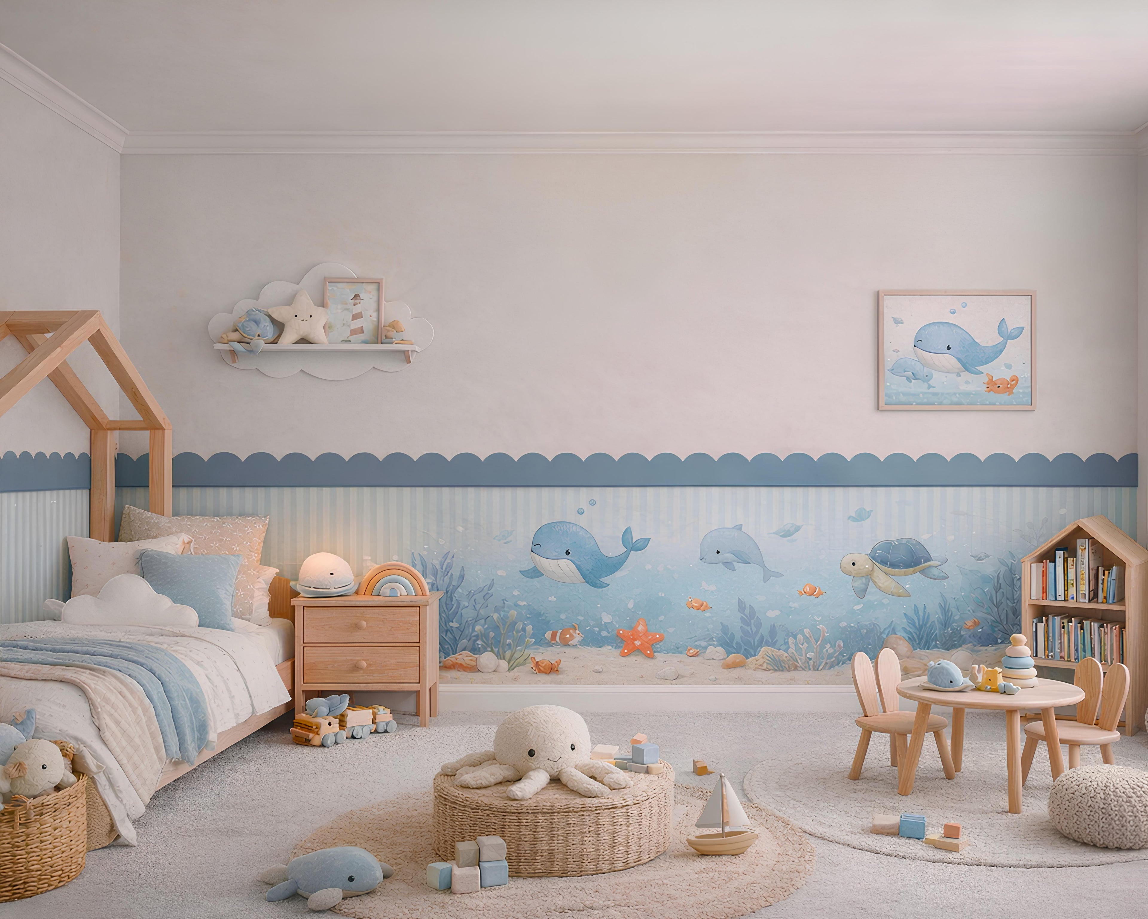 Children's bedroom with whale-themed wallpaper and an MDF scallop wall panel with furniture.