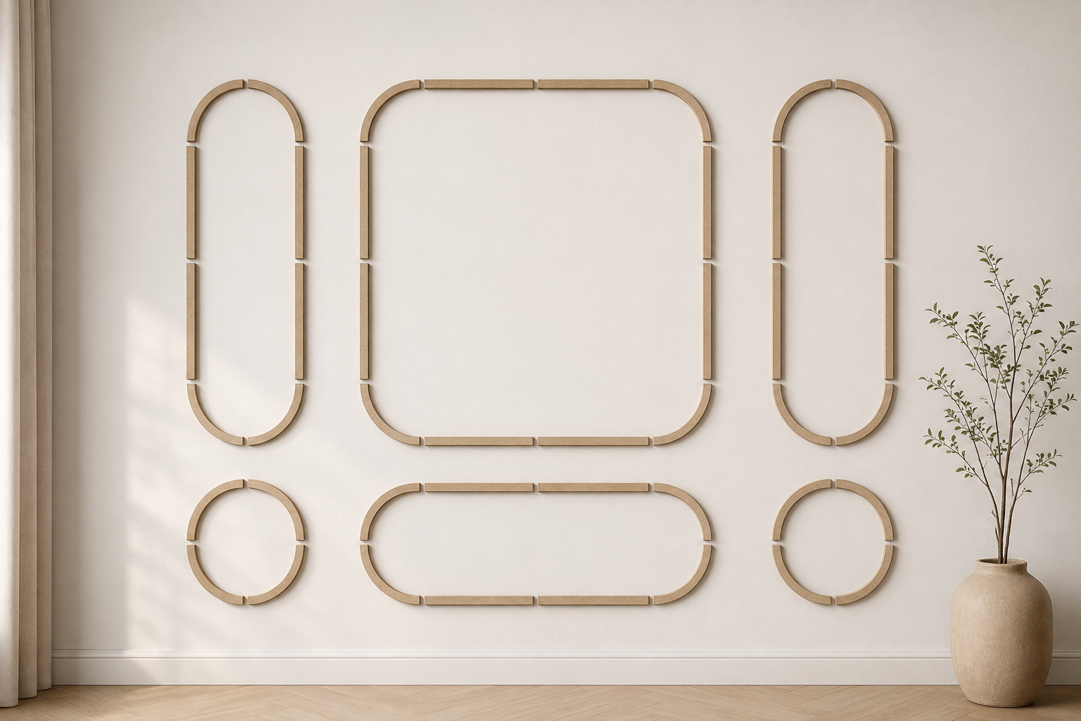Option 1 layout of the arched wall panel kit showing a large central rounded rectangle trim flanked by two slim vertical oval frames and smaller bottom panels on a bright wall.