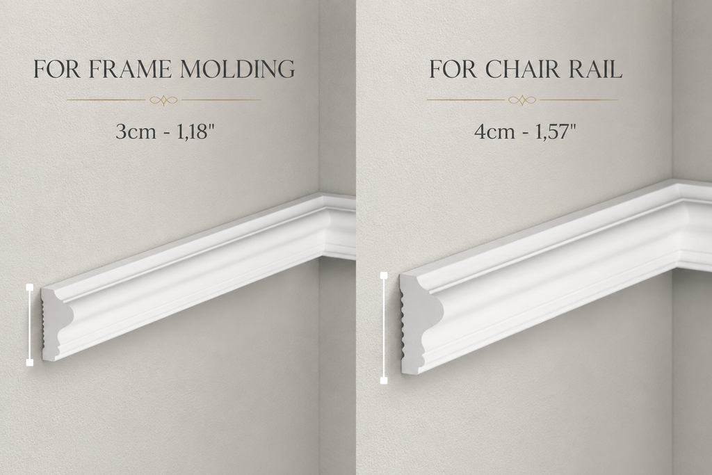 Two types of white molding on a gray background with measurements.