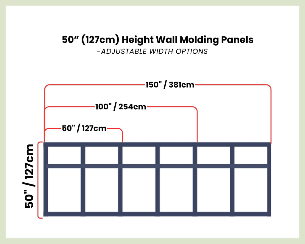 Diagram of 50-inch height wall molding panels with adjustable width options on a white background.
