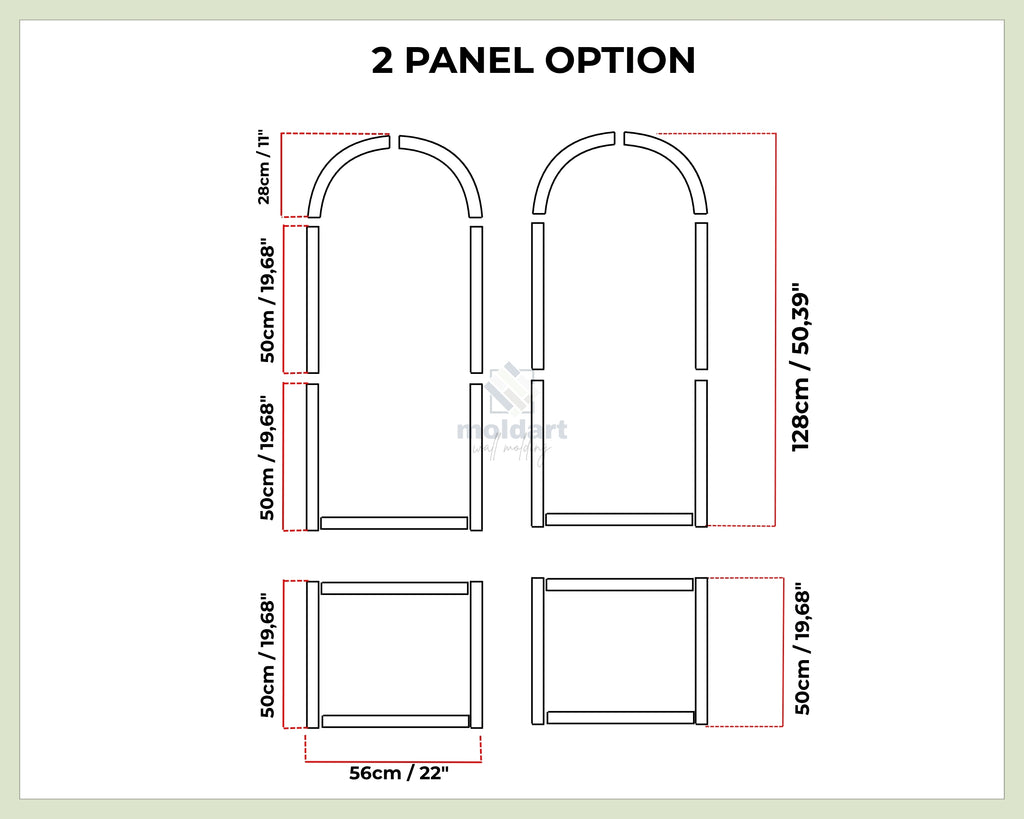 Diagram of a two-panel architectural design with dimensions on a white background.