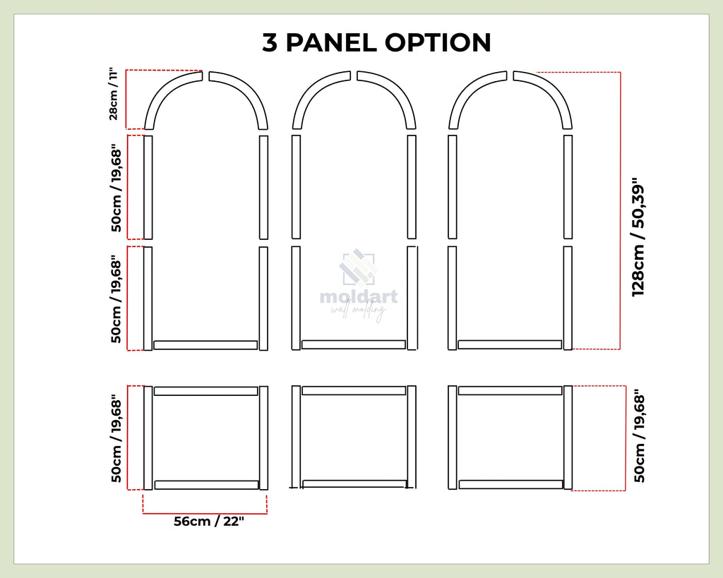 Diagram of a 3-panel arched MDF design with measurements