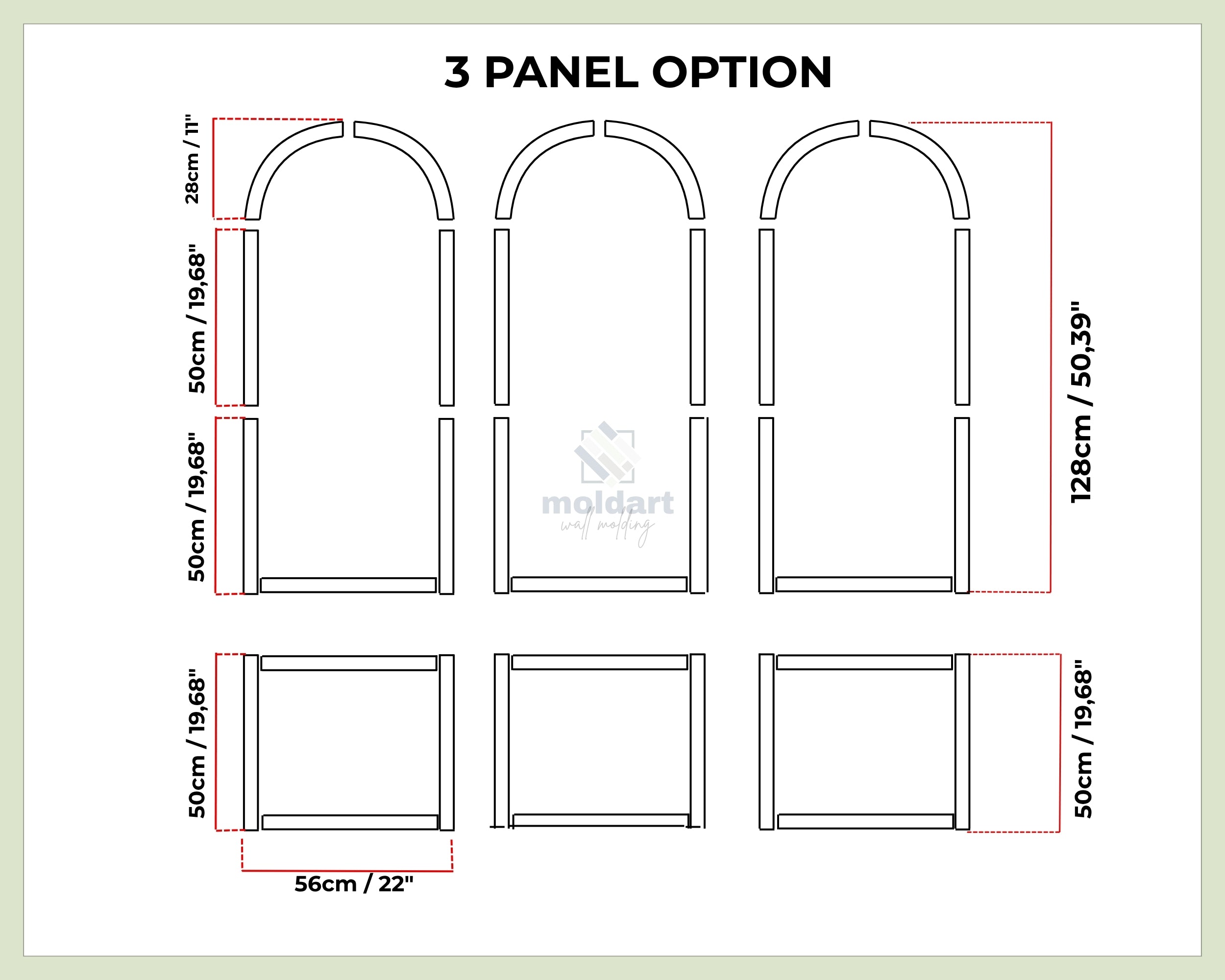 Diagram of a 3-panel arched MDF design with measurements