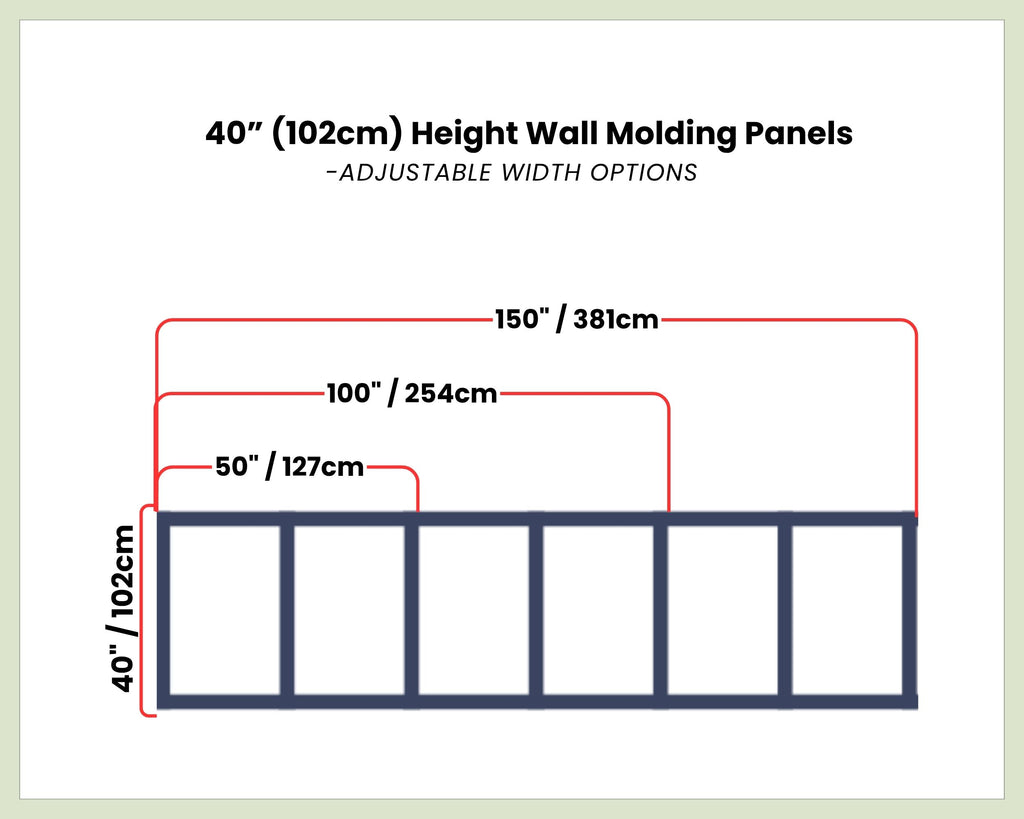 Diagram of wall molding panels with adjustable width options and measurements.