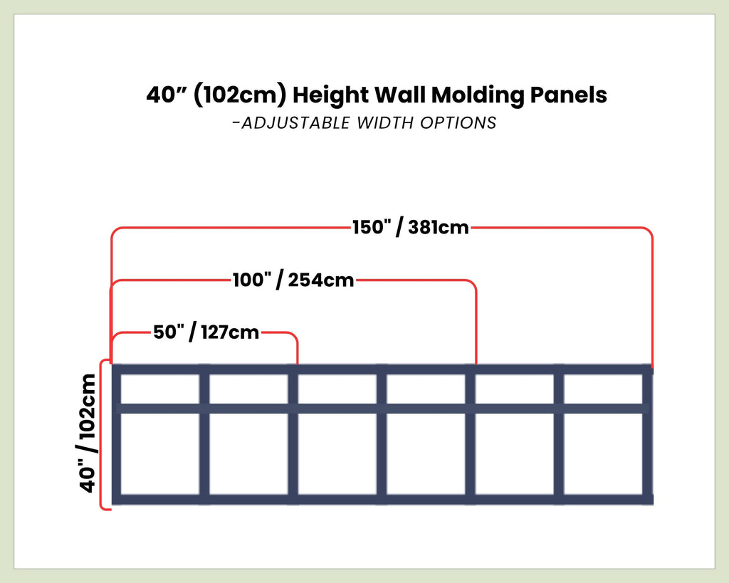 Diagram of wall molding panels with adjustable width options and dimensions.