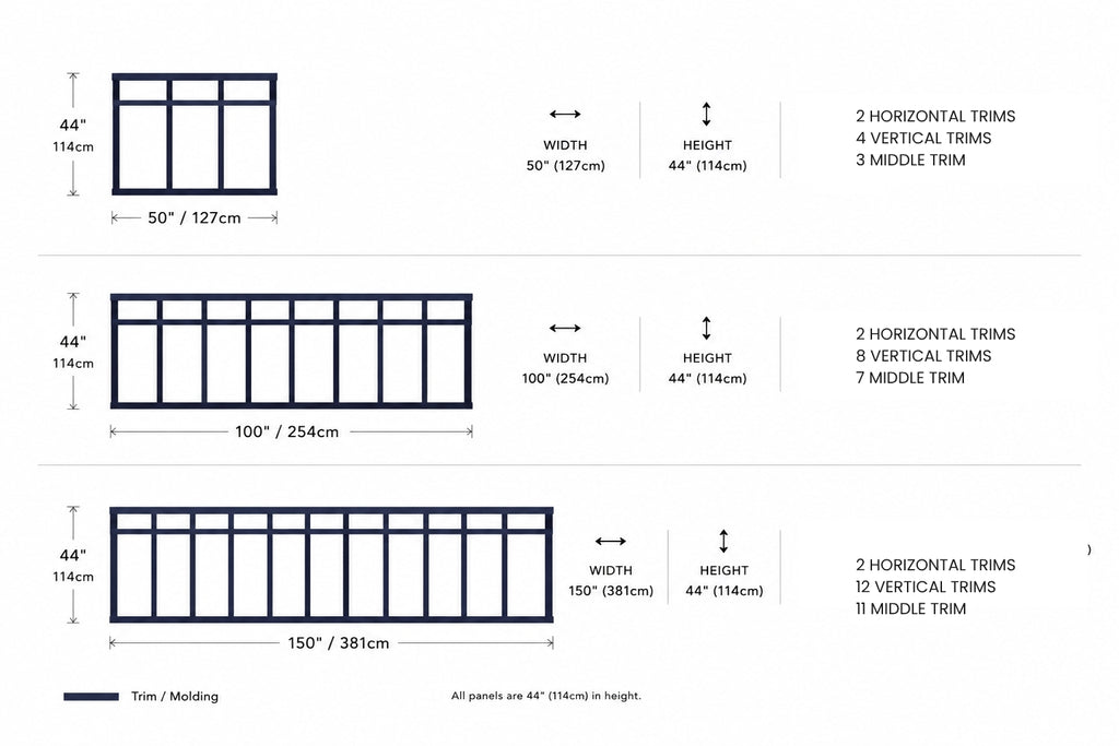 Technical drawing of window frames with dimensions and trim details on a white background