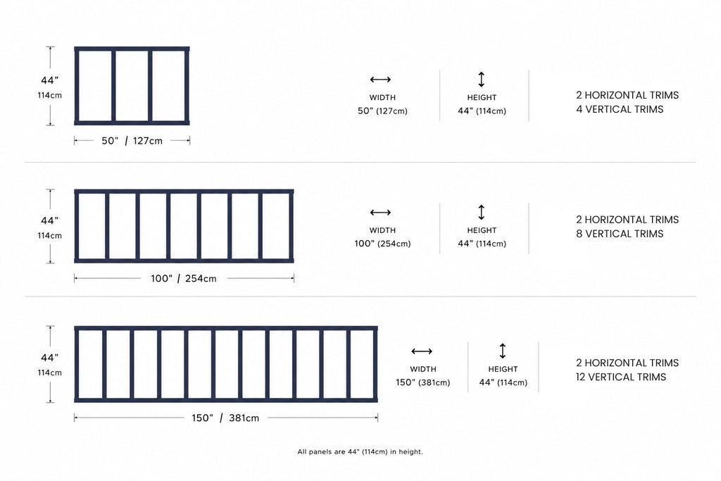 Dimensions and trim details of wooden panels with measurements and number of horizontal and vertical trims.