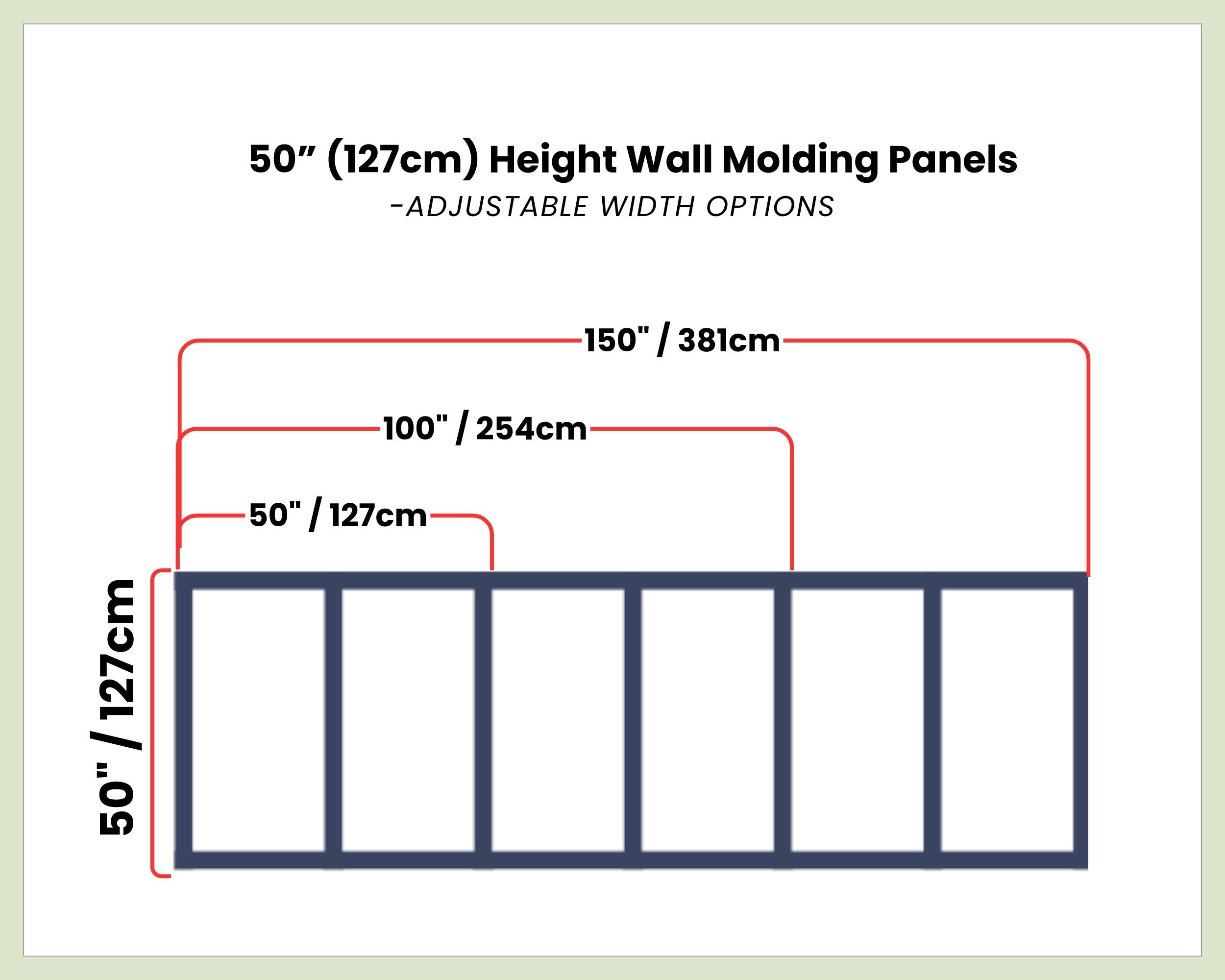 Diagram of wall molding panels with adjustable width options and measurements.