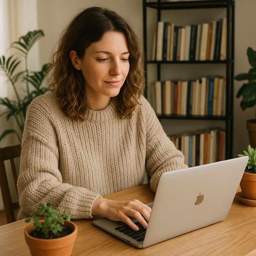 Woman using a laptop at a desk with a bookshelf and plants in the background