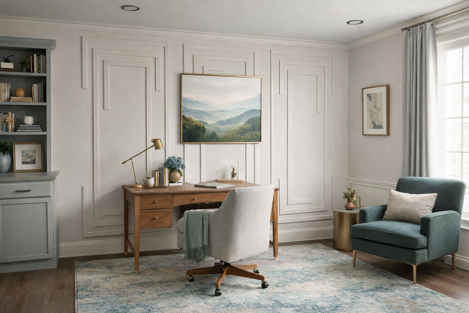 Home office with modern architectural wall molding panels and minimalist polystyrene trim design, chair, and armchair in a well-lit room.