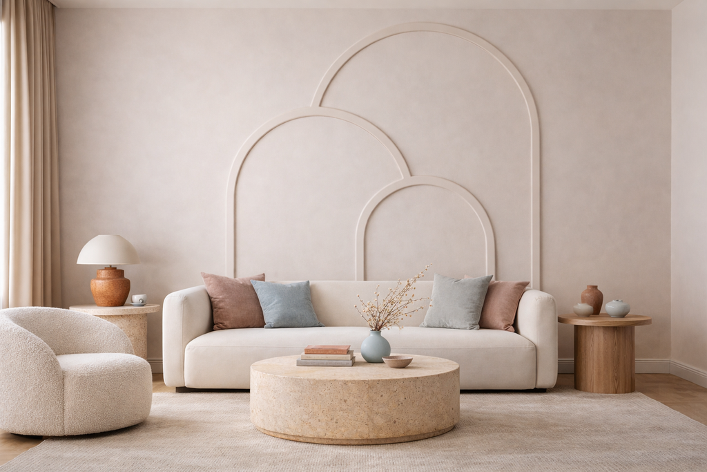 Layered Boho Arch wall panel design for a modern living room with a white sofa, brown armchair, and marble coffee table.
