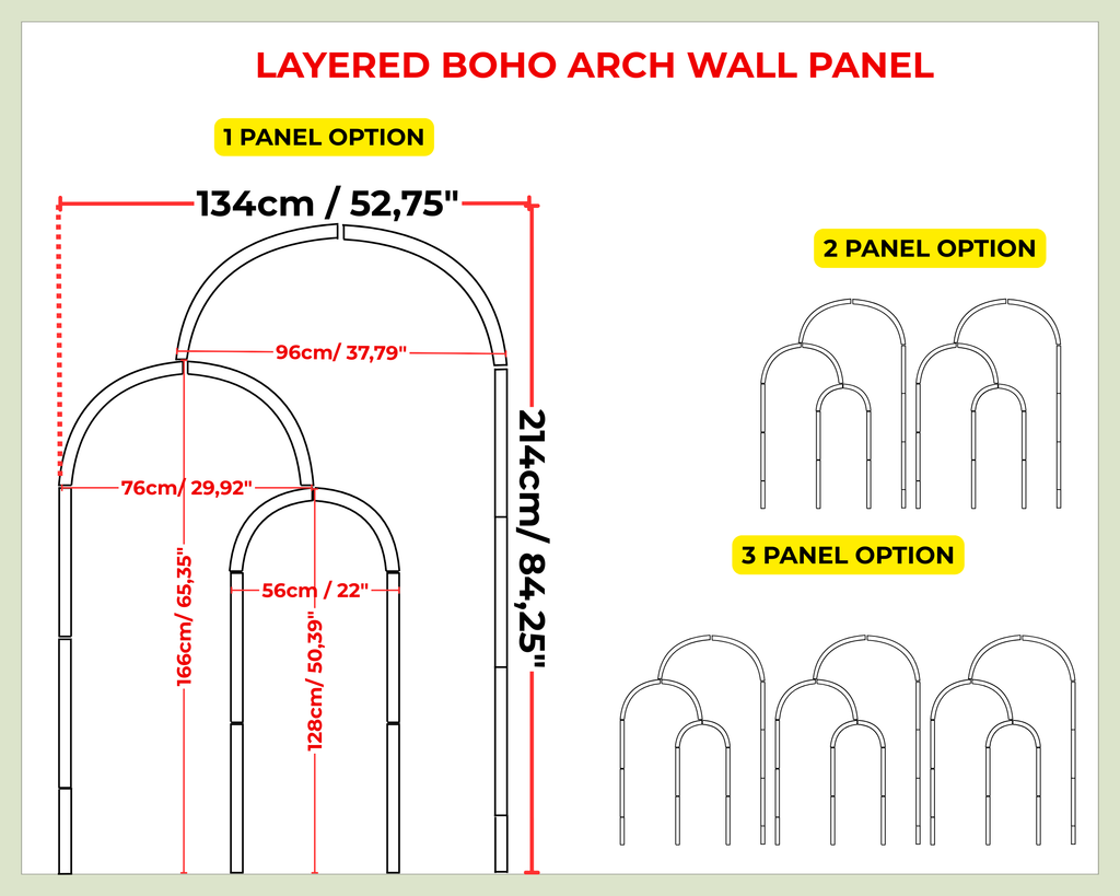 Diagram of layered boho arch wall panel with dimensions and panel options.
