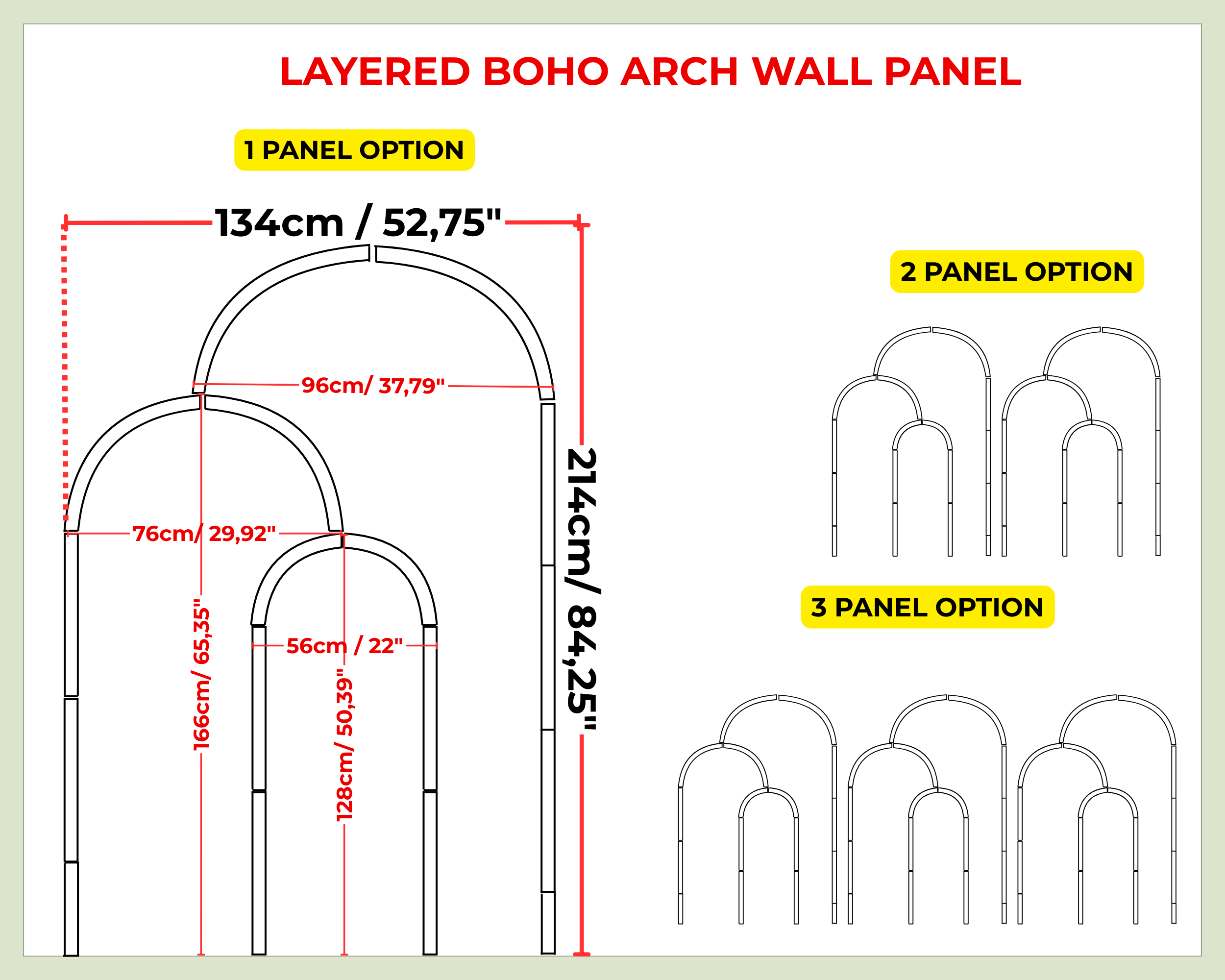 Diagram of layered boho arch wall panel with dimensions and panel options.