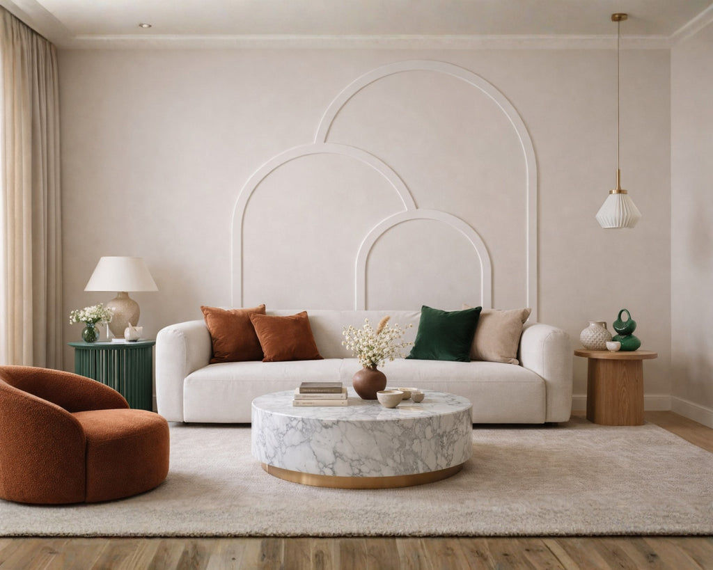 Layered Boho Arch wall panel design for a modern living room with a white sofa, brown armchair, and marble coffee table.