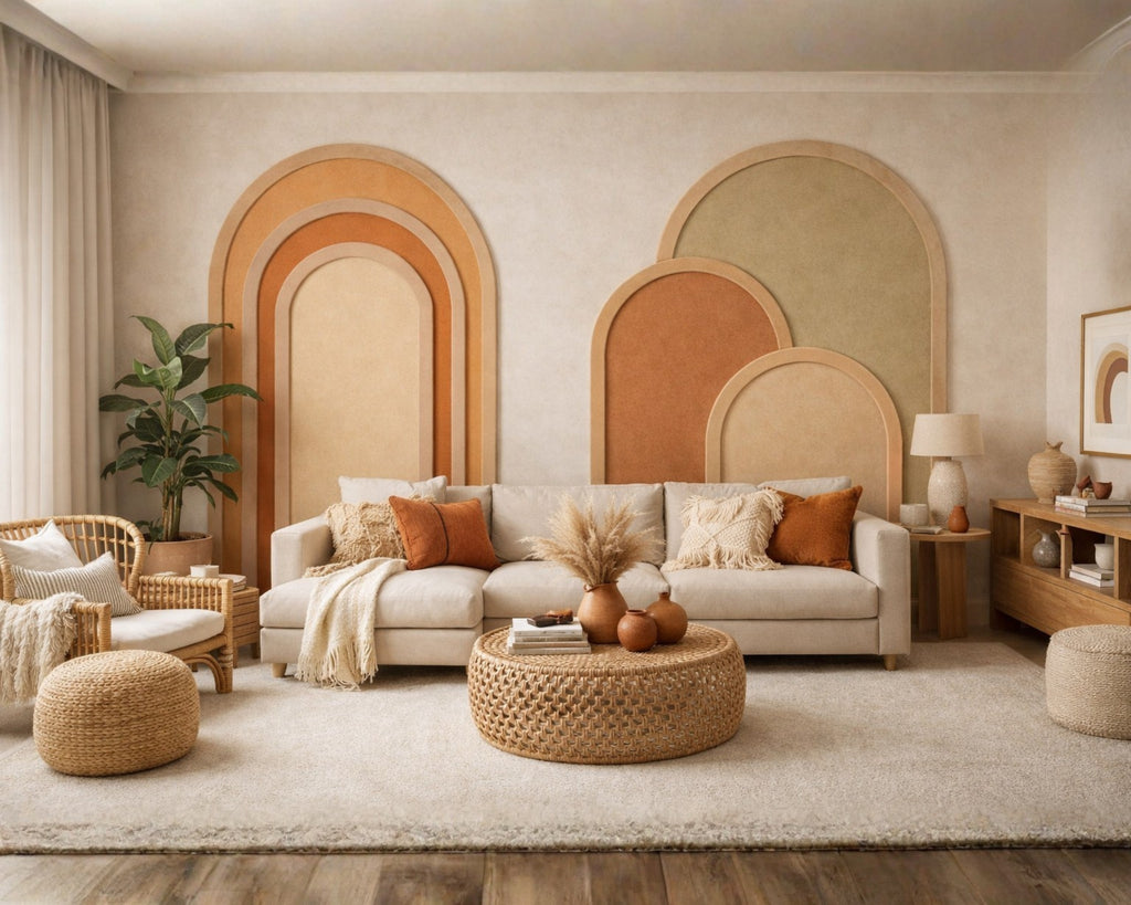 Luxury boho arch wall molding arrangement in neutral interior design for a boho living room