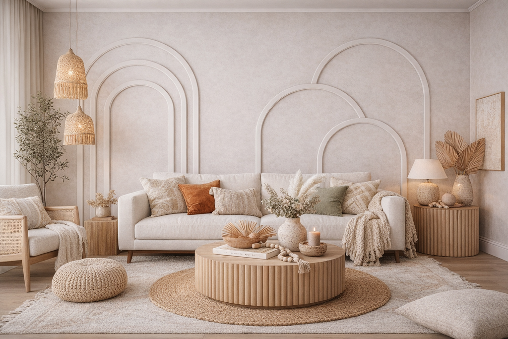 Luxury boho arch wall molding arrangement in neutral interior design for a boho living room