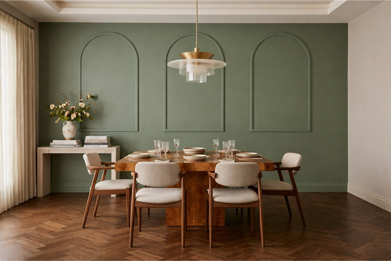 Dining room with wooden table and chairs against a green wall with Curved Wall Panel Moulding
