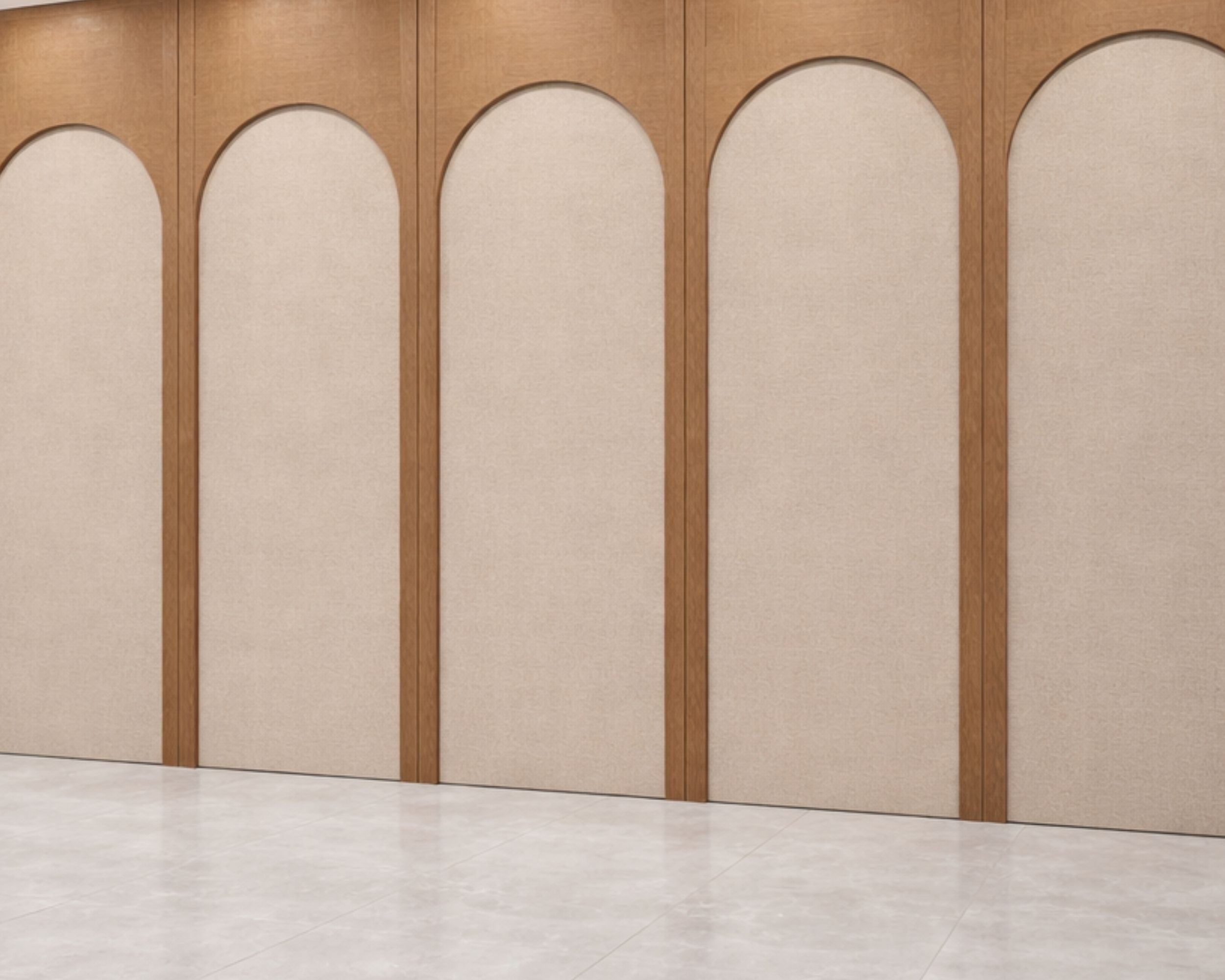 DIY MDF wall molding kit layout with panel and trim pieces arranged to display final arch wall panel design