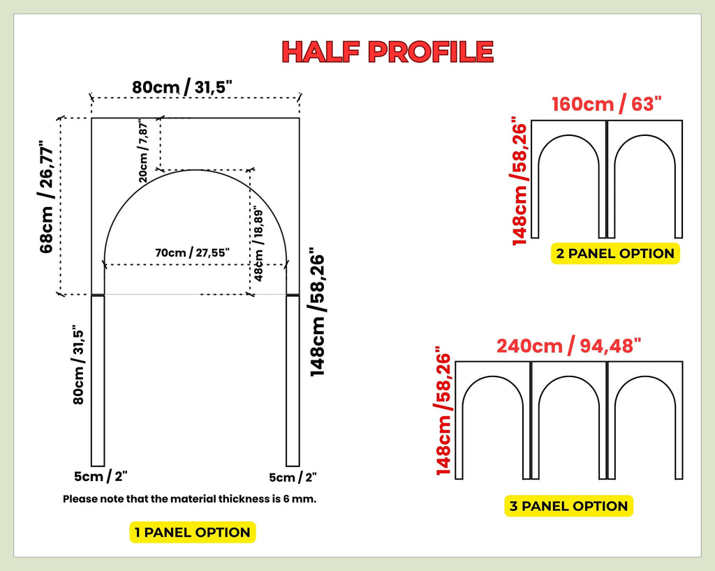 Technical drawing of a half profile with dimensions and panel options.