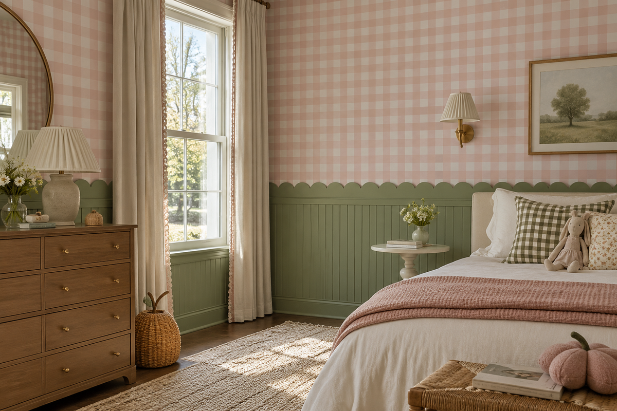 A beautifully styled bedroom featuring pink and white gingham wallpaper, sage green wainscoting, a wooden dresser, a bed with white linens and a pink throw, and soft natural light from a window.