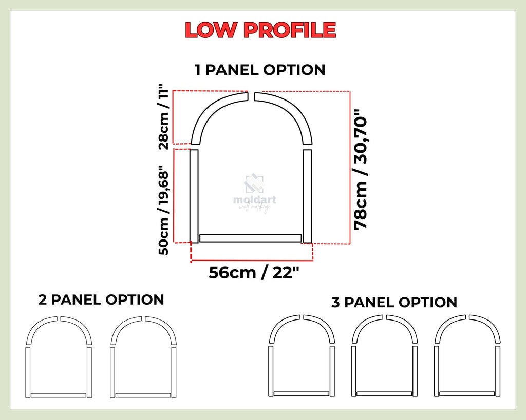 Architectural design diagram with measurements for low profile options 