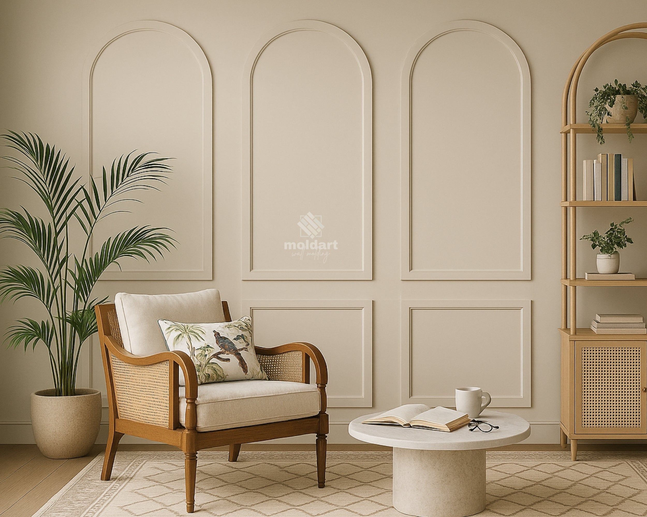 pre-cut MDF arch wall molding pieces for DIY wall panel installation- Cozy living room with a wooden armchair, coffee table, and bookshelf.