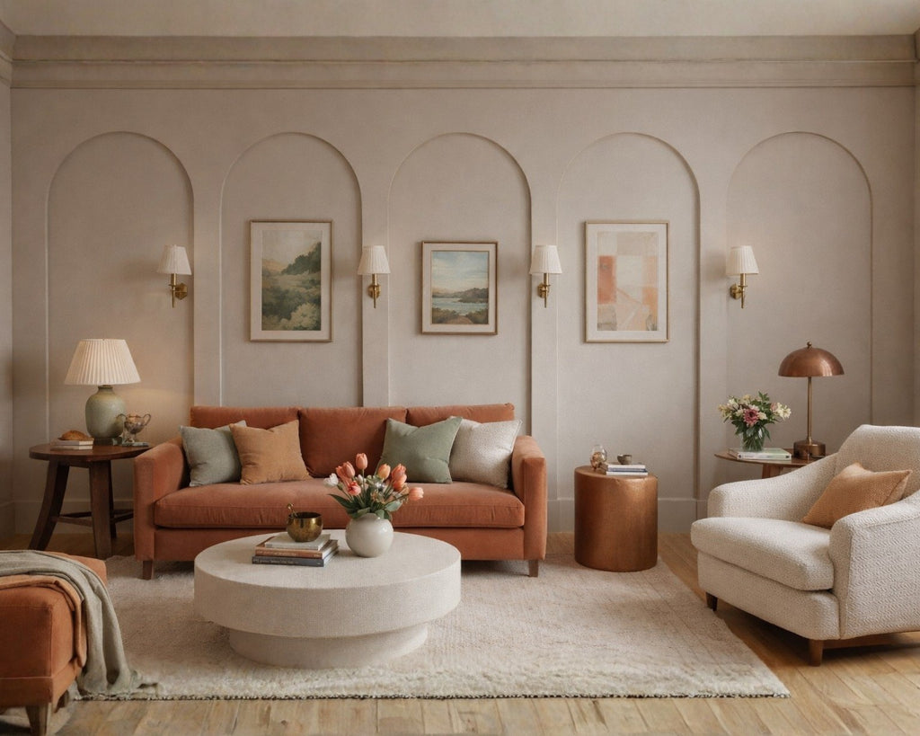 MDF arch wall molding pieces for DIY wall panel installation-Living room with a brown sofa, white armchair, and decorative elements.